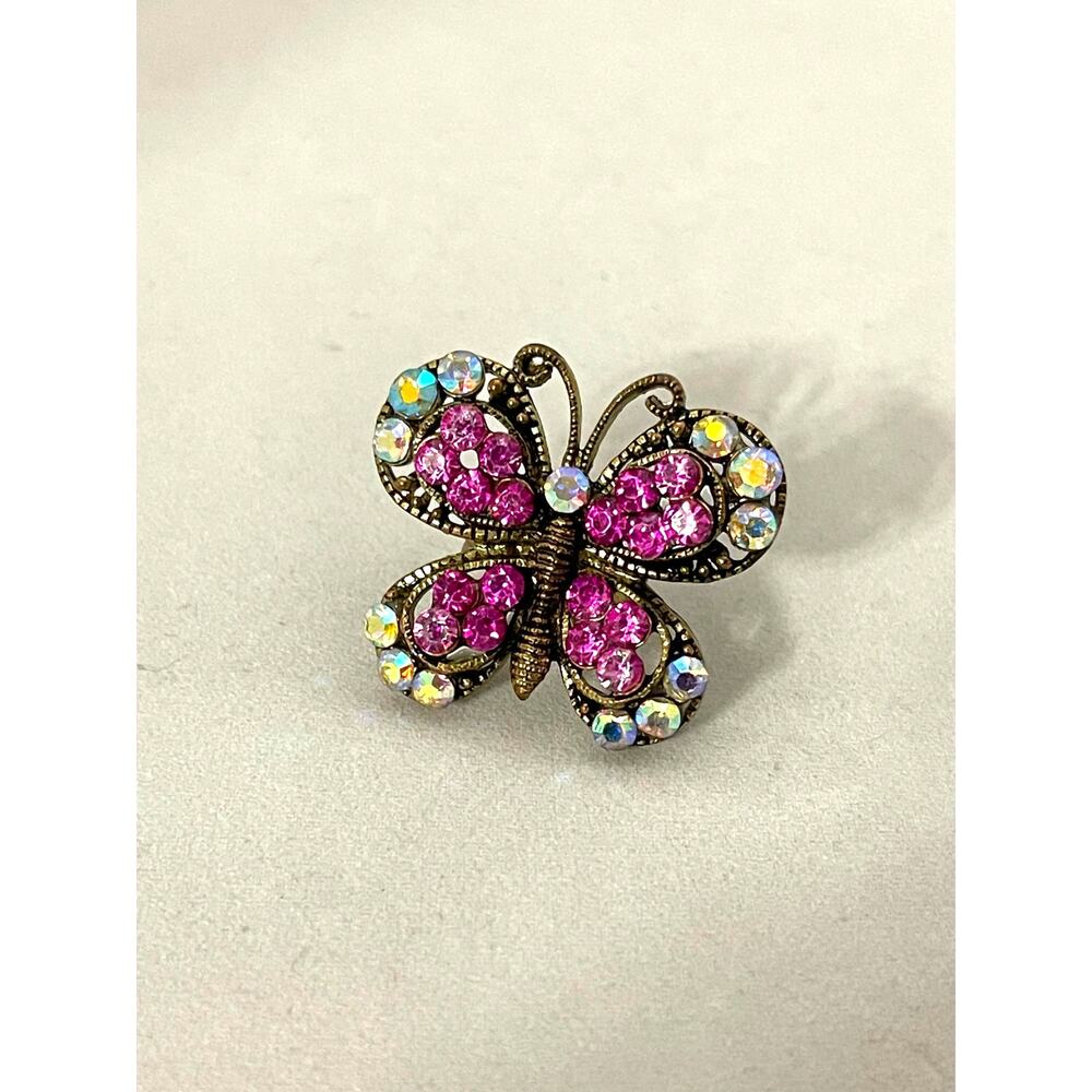 Vintage Rhinestone Butterfly Ring Fuchsia Aurora Borealis Size 7 Adjustable‎